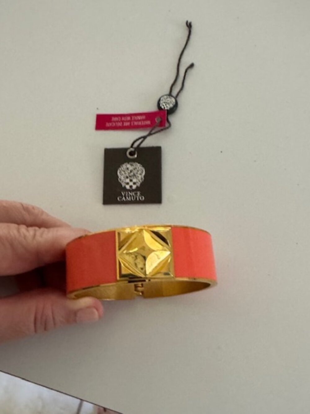 Vince Camuto Bangle Bracelet Coral Peach and Gold Toned Hinged